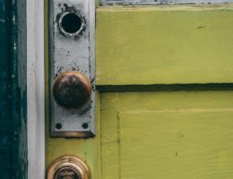 brown door knob in green wooden door